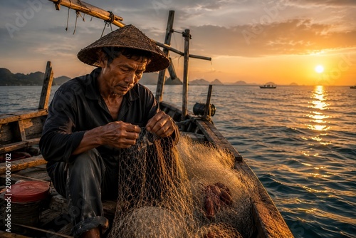 Traditional Fisherman Mending Fishing Net on Boat at Sunset