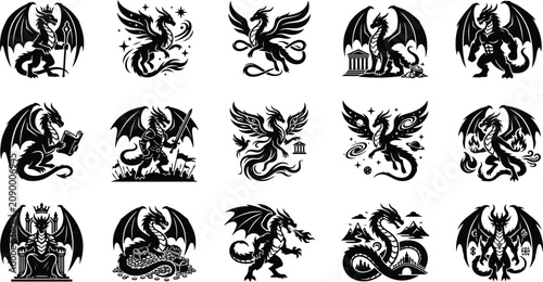 Collection of silhouette dragon designs and illustrations