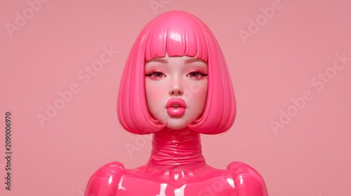 Artificial pink female avatar with glossy latex skin and vibrant bob hairstyle on pink background with head bob haircut shiny pink illustration