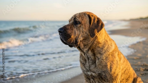 fila brasileiro dog at brazilian coast beach close up morning light video