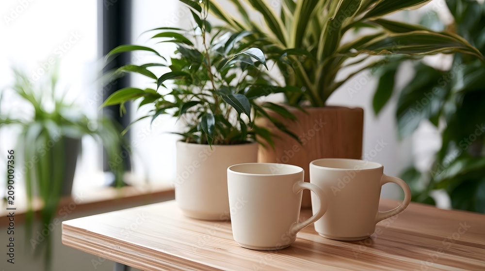 Fototapeta premium Two pale ceramic mugs sit on a wooden surface beside potted green plants near a bright window