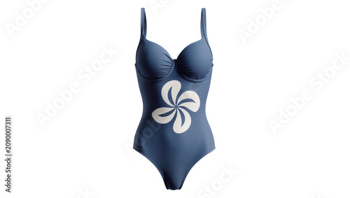 Fotografie Isolated blue ribbed one-piece swimsuit with white floral design, ideal for summ