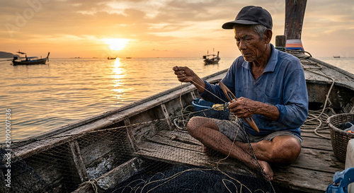 Elderly Fisherman Mending Fishing Net on Wooden Boat at Sunset