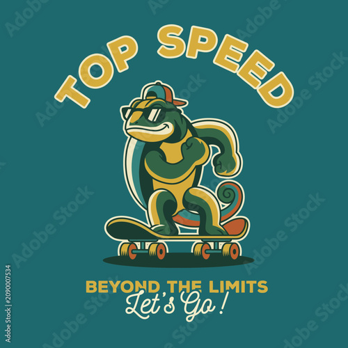 A vibrant illustration of a confident lizard skating with sunglasses, embodying themes of speed and adventure, ideal for fun-loving sports enthusiasts and kids.