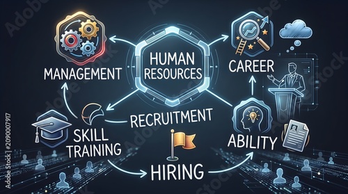 Digital human resources concept diagram featuring professional development workflow icons and strategic business recruitment infographic elements