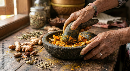 Close-up of Hands Grinding Traditional Herbal Medicine with Mortar and Pestle