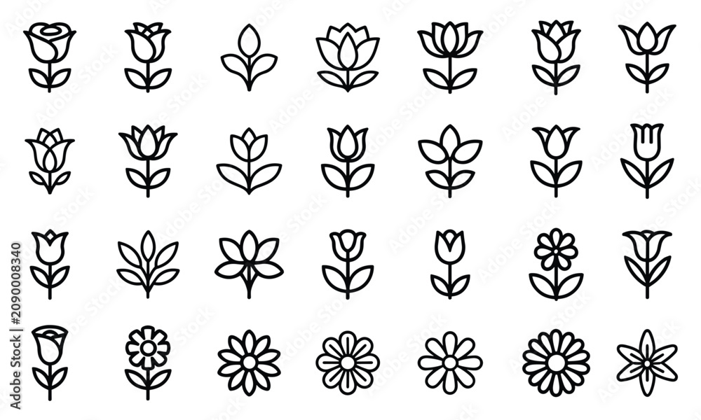 Fototapeta premium Comprehensive collection of twenty-eight minimalist flower line icons featuring various floral blooms isolated on white background.