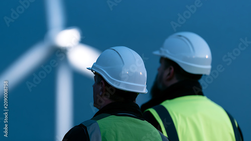 Industrial workers with protective headgear observe a large wind power generator, symbolizing renewable clean energy production and environmental sustainability
