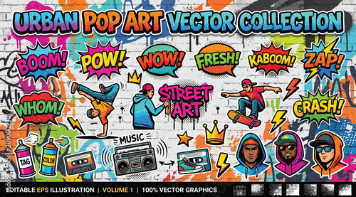 Fotografie Urban pop art vector collection with graffiti elements, comic bubbles, and stree