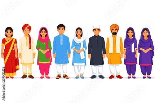 Traditional Indian People Standing and Waving Hand Vector Illustration