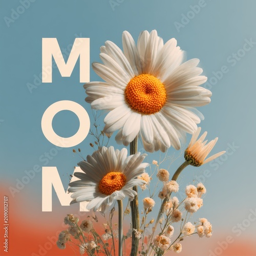 Stylized textured flowers for Mother's Day on a blue background, Floral design celebrating motherhood, love, and appreciation