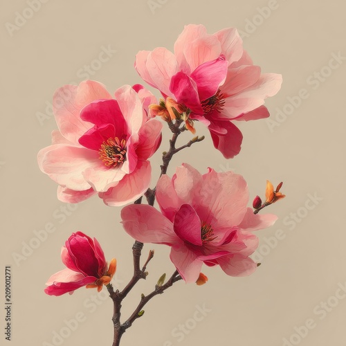 Vibrant pink and white magnolia flowers on a branch against a solid background, A symbol of spring, beauty, and renewal.