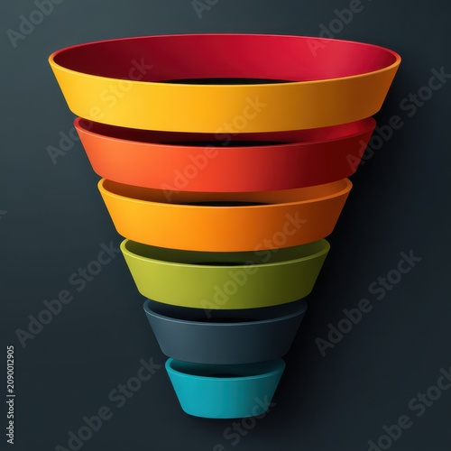 3D Multi-Layered Conversion Funnel Infographic, Visualizing sales process and customer journey optimization