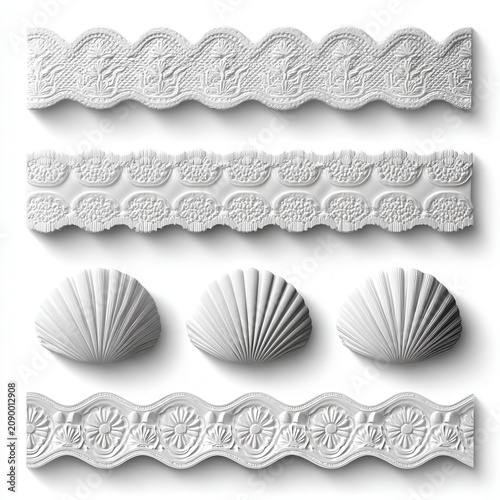 Collection of elegant lace and ribbon borders in cream, gold, and brown, Sophisticated decorative textile trims for design