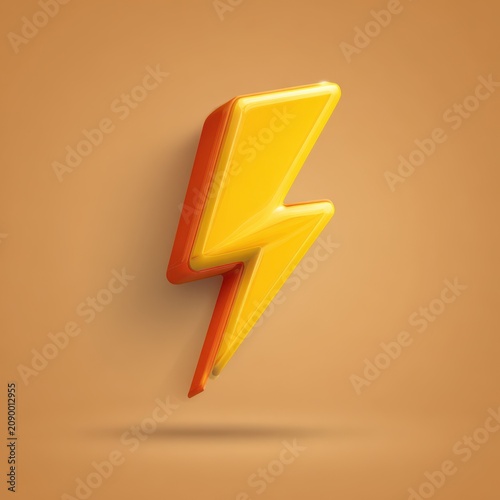 3D glossy lightning bolt icon, yellow energy symbol on orange background, A vibrant emblem of speed, power, and quick action