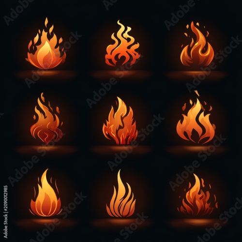 Set of nine stylized pixel art fire flame icons, golden orange, Abstract pixelated flames for energy, passion, heat, or warning symbols