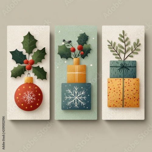 Collection of four textured 3D Christmas art squares, Whimsical handcrafted style for joyful seasonal greetings
