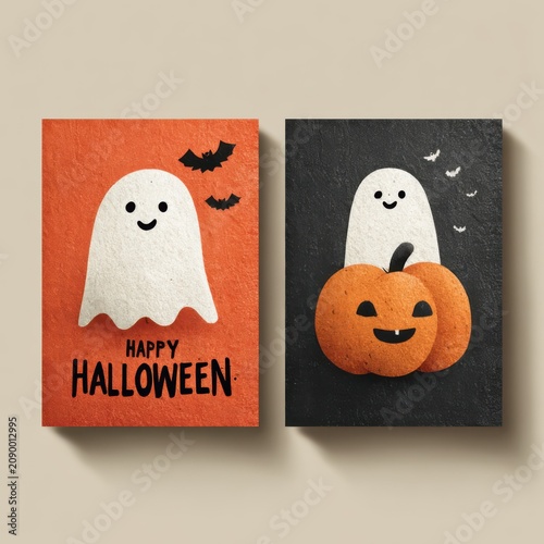Set of three cute Halloween cards with friendly ghosts, pumpkin, and bats illustration, Charming spooky designs for a happy Halloween celebration, festive autumn graphics