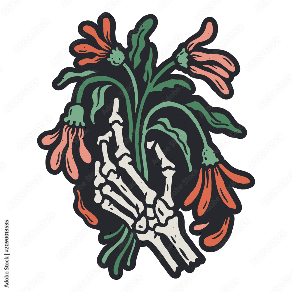 Obraz premium Skull hand holding death flowers