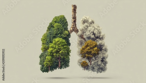 Human lungs made of fresh green trees versus lungs made of cigarette smoke, split composition, hyper-realistic, environmental concept, vibrant colors