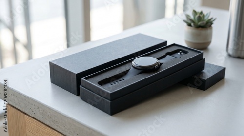 Black device on a white table next to a small plant indoors