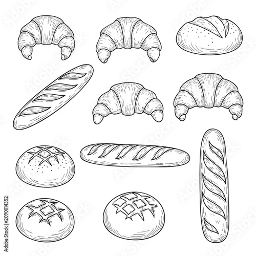 croissant vector icon set of bakery pastries with sketch sty