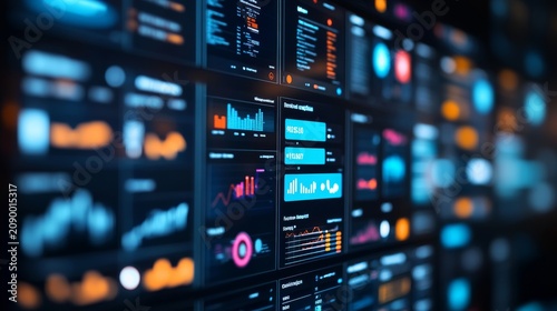 Image Content A futuristichigh-tech command center or data dashboard display. Multiple screens showing graphs, charts, numbers and data visualizations. Composition Details Shallow