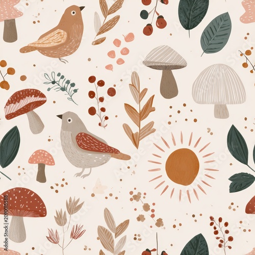Seamless woodland folk pattern with stylized birds mushrooms leaves and sun for cozy fabric wallpaper and botanical surface design
