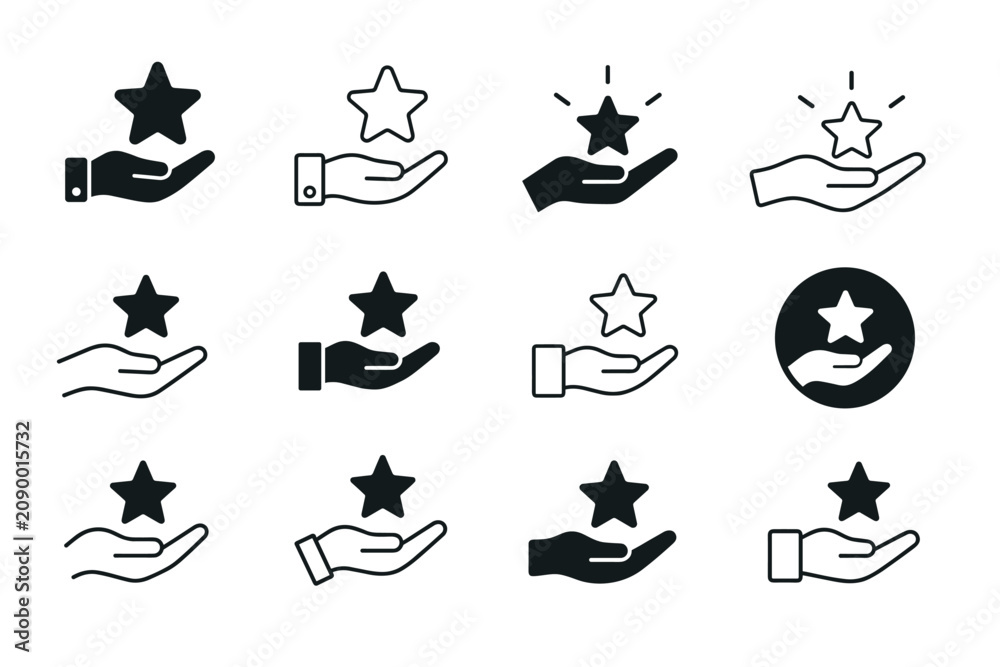 Fototapeta premium Hand holding star rating icon vector set representing customer feedback and premium quality evaluations for digital user interfaces