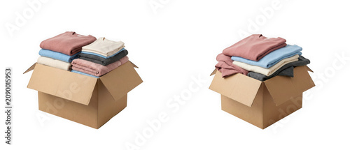 Cardboard boxes filled with folded colorful sweaters isolated on transparent background