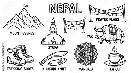 Fotografía Nepal culture icons illustration featuring Mount Everest, stupa, prayer flags, y