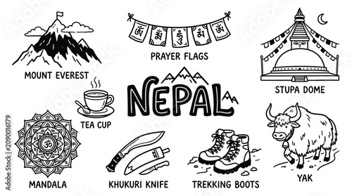 Tableau sur toile Nepal culture icons illustration featuring Mount Everest, stupa, prayer flags, y