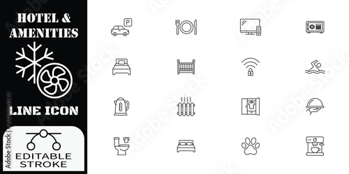 Photos Hotel and amenities line set, featuring room services, facilities, and travel ac
