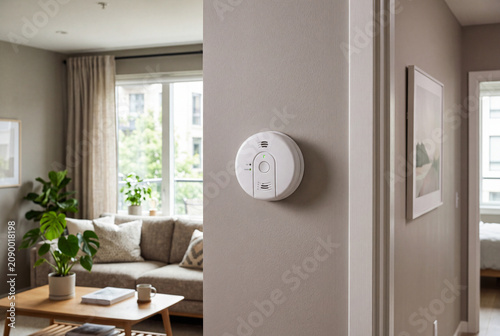 A carbon monoxide detector is fixed on the wall inside a modern apartment. The detector is in the living space, close to a sofa and a table. Sunlight comes through the window