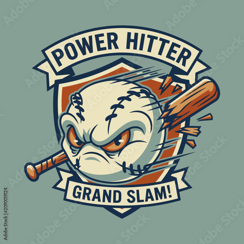 A fierce baseball character with an angry expression being hit by a bat, representing the intensity and excitement of baseball sports and power hitters in action.