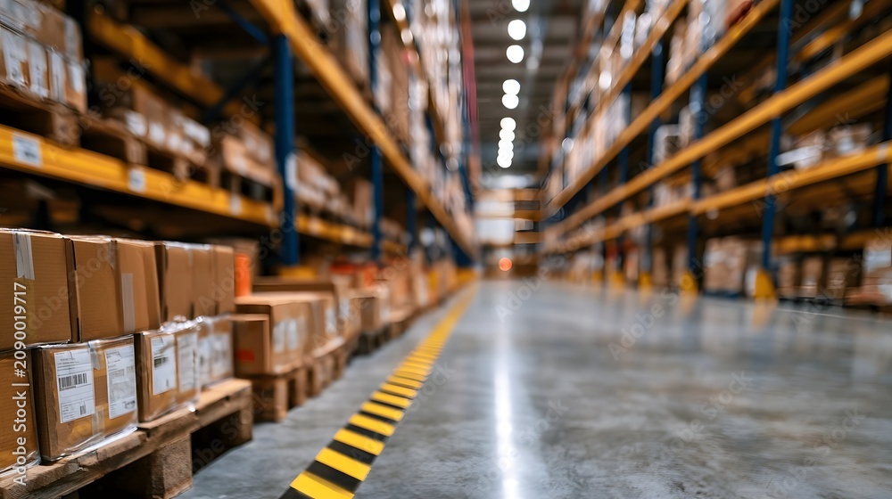 Obraz premium Long warehouse aisle lined with tall shelves holding stacked cardboard boxes on wooden pallets near yellow safety stripes