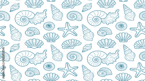 Canvastavla Seamless pattern background featuring hand drawn blue marine seashells and starf