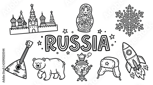 Schilderij op canvas Russia culture icons illustration featuring Kremlin tower, balalaika instrument,