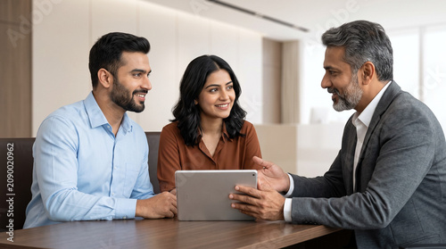 Professional Indian wealth advisor discussing financial planning with young couple using tablet in premium banking office for investment and home loan services