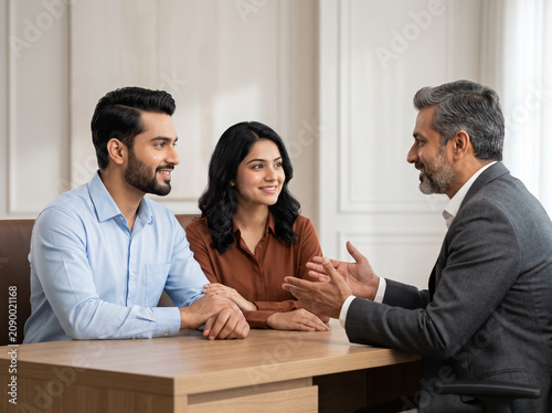 Professional Indian financial advisor consulting young couple about banking investment retirement and long term wealth planning in executive office