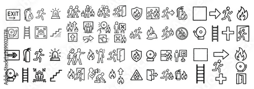 Safety icons with exit ladder fire alarm outline