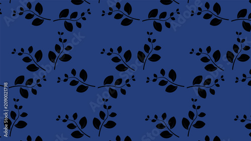 Dark blue background with a repeating floral ornament of stylized leaves and stems