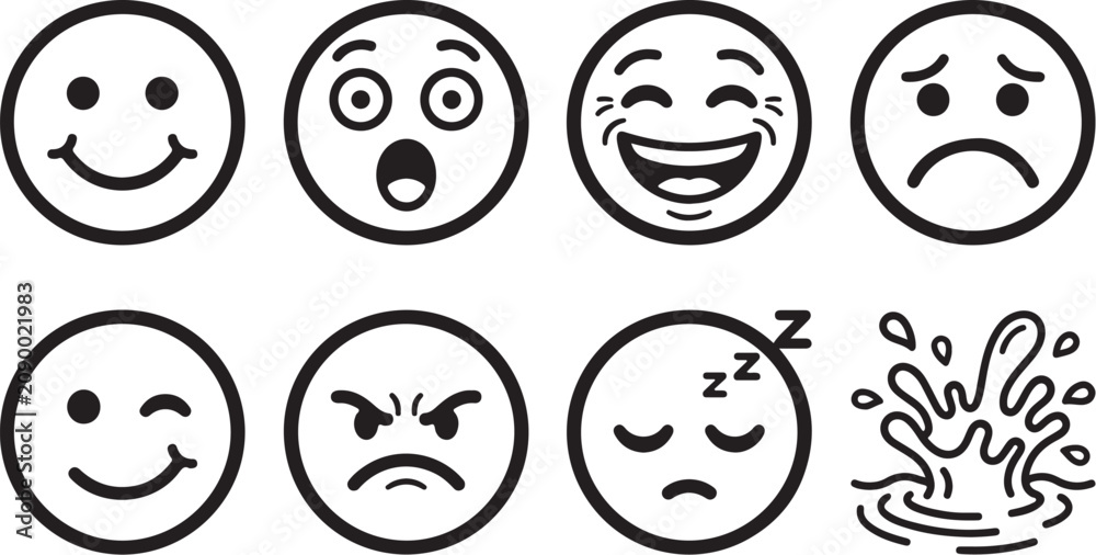 Fototapeta premium Set of eight black and white emotion faces icons