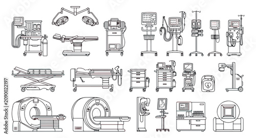 Tableau sur toile Medical equipment line icons set, hospital diagnostic machines and surgery tools
