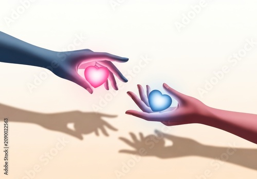 Hands passing a glowing heart symbol representing love and connection