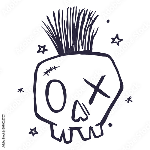 Canvas Print Black and white drawing of a skull with a mohawk