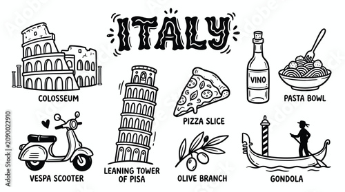Canvastavla Italy culture icons illustration featuring Colosseum, Leaning Tower of Pisa, piz