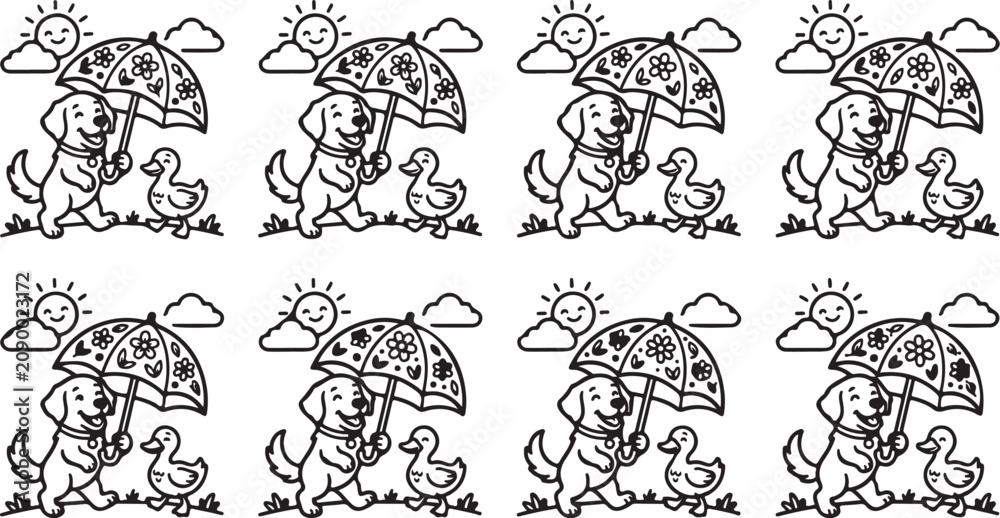 Fototapeta premium Cartoon dog holding umbrella with duckling