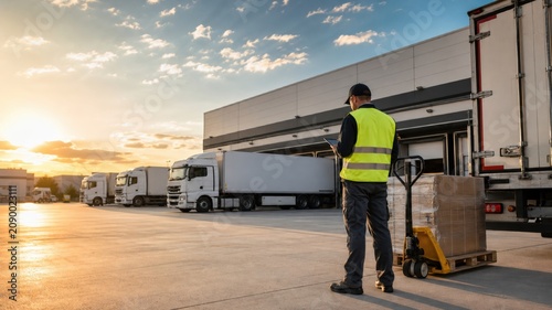 Workers perform loading tasks at a shipping dock during sunset as trucks are parked outside a warehouse facility