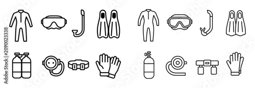 Diving icons with wetsuit mask fin outline